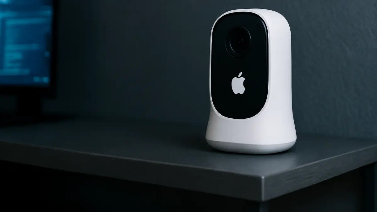 Compact white and black home security camera with an Apple logo, placed on a dark surface beside a monitor