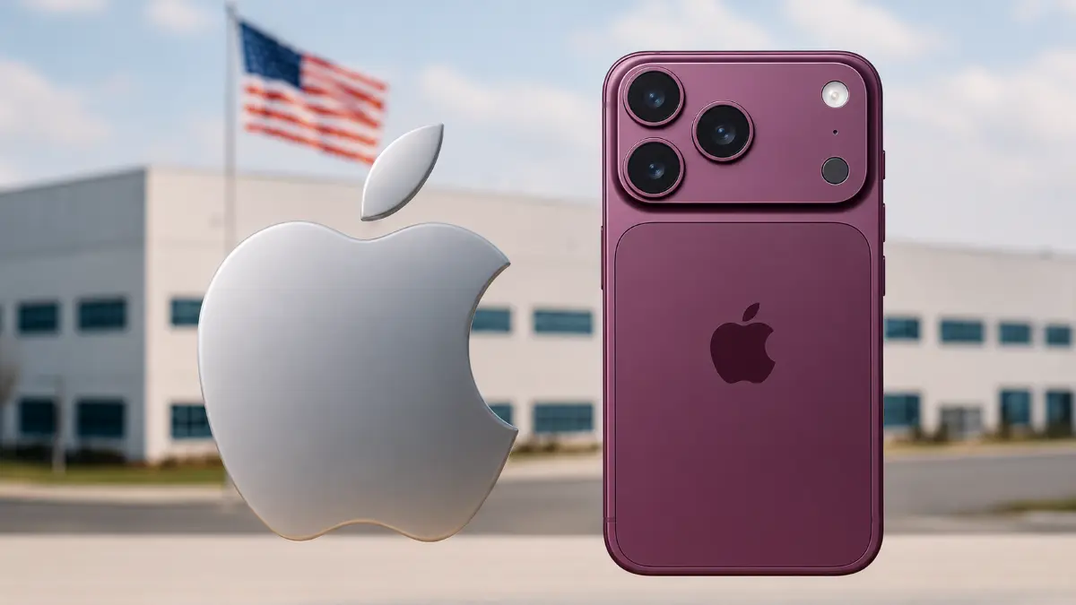 Purple iPhone with triple camera setup next to a large silver Apple logo, with an American flag and building in the background