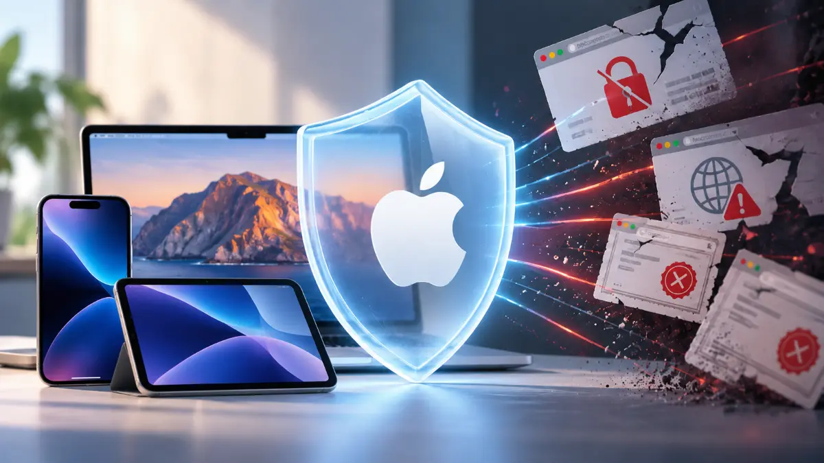 Apple logo on a glowing shield defends a MacBook, iPhone, and iPad from cracked, warning-filled browser windows symbolizing security threats