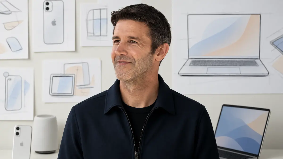 Man with dark hair and stubble wearing a navy jacket, standing in front of sketches and images of laptops and smartphones