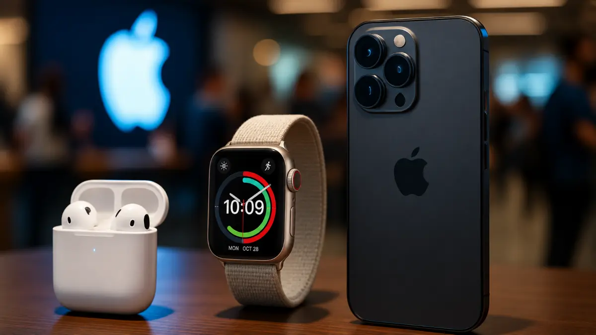 Wireless earbuds in an open case, a smartwatch with a beige strap showing fitness rings, and a black smartphone with triple cameras on a wooden surface