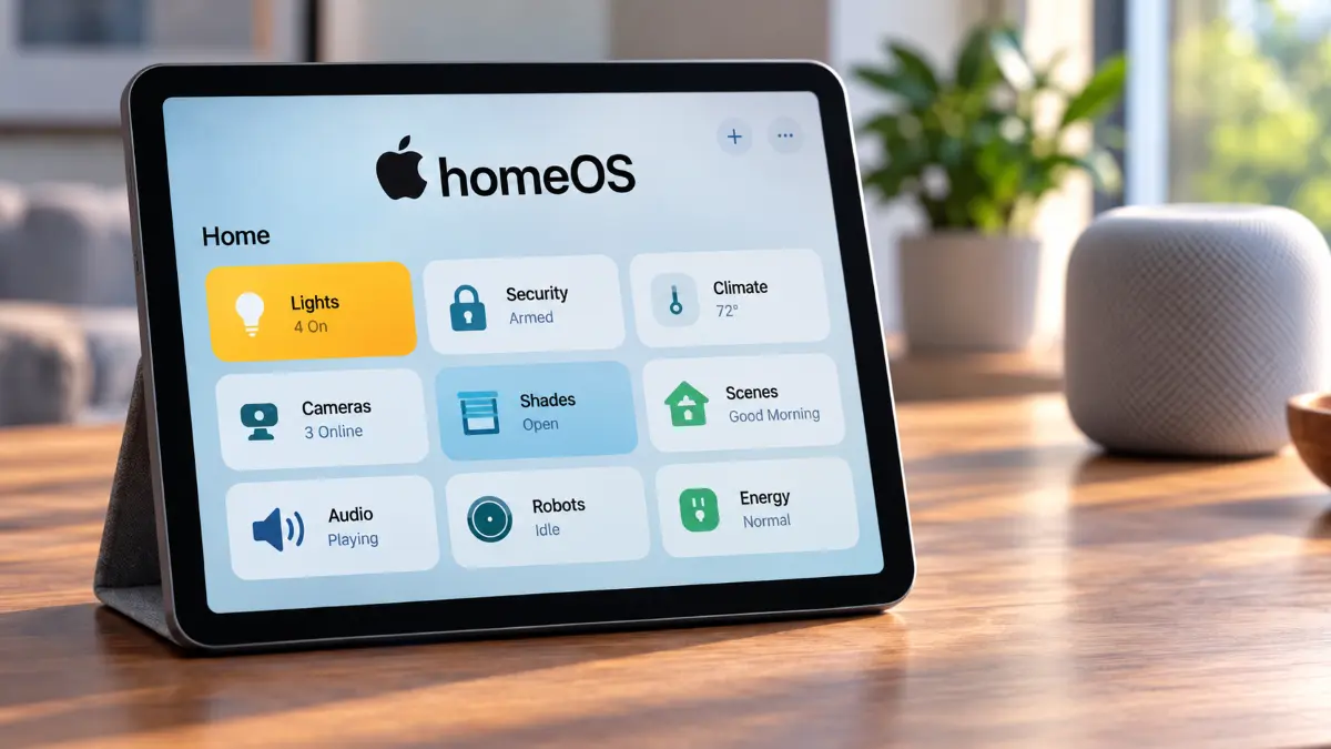 Tablet on wooden table displaying Apple homeOS interface with smart home controls for lights, security, climate, cameras, shades, and more