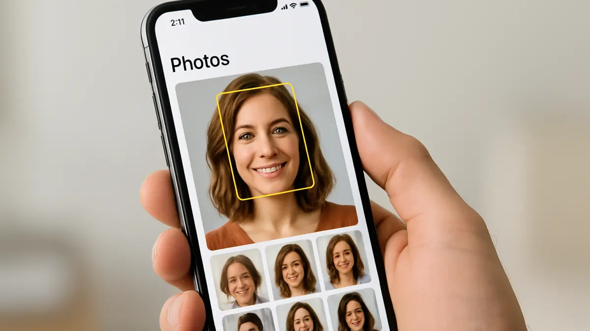 Smartphone screen showing a face recognition feature within a photo gallery app, highlighting a woman's face with a yellow box