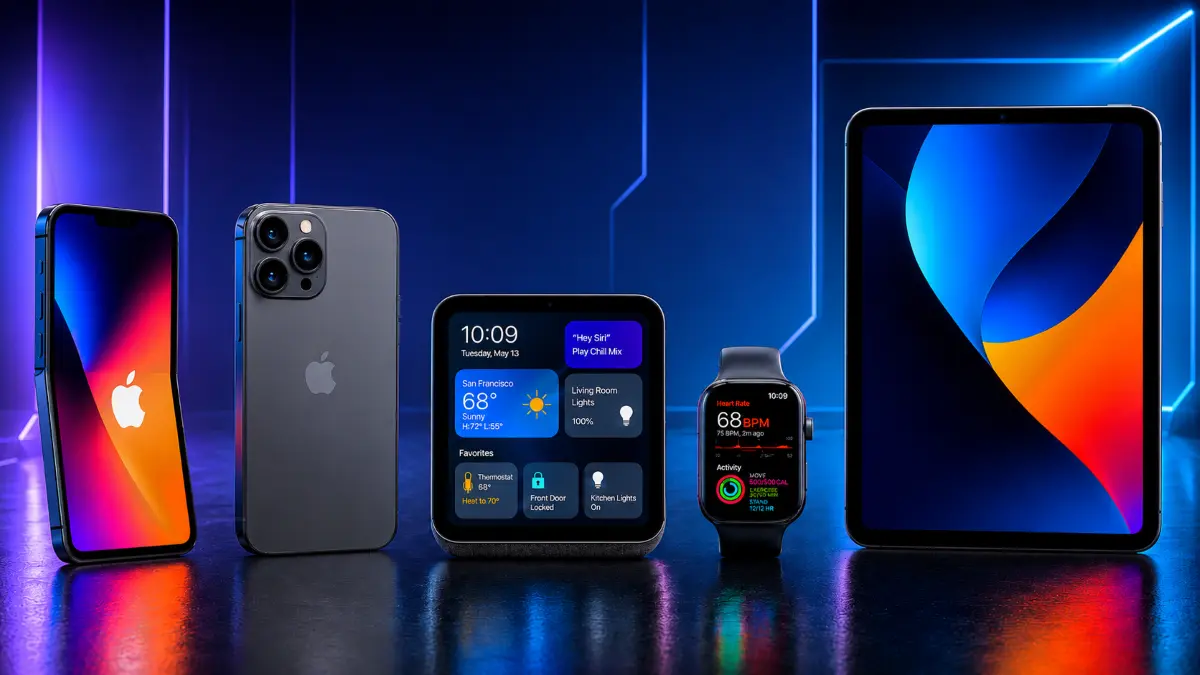A lineup of five sleek smart devices including two smartphones, a smart display, a smartwatch showing heart rate, and a tablet with vibrant screens
