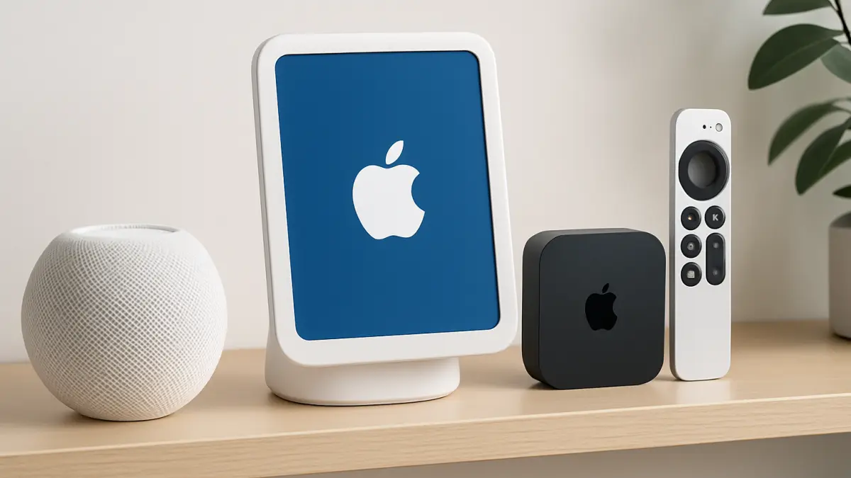 White spherical smart speaker, white smart home hub with screen, black streaming device, and white remote on a wooden shelf