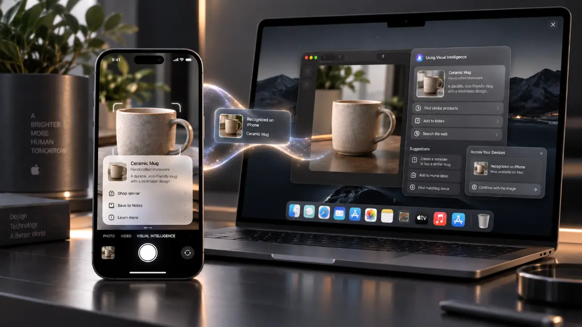 Smartphone scanning a ceramic mug with AI info overlay, connected to a laptop displaying product details and suggestions