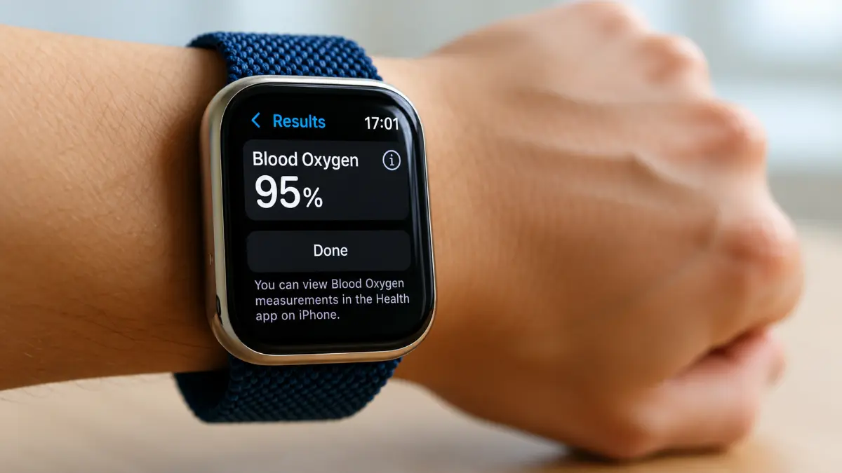Smartwatch on a wrist displaying a blood oxygen level reading of 95% with a blue woven band