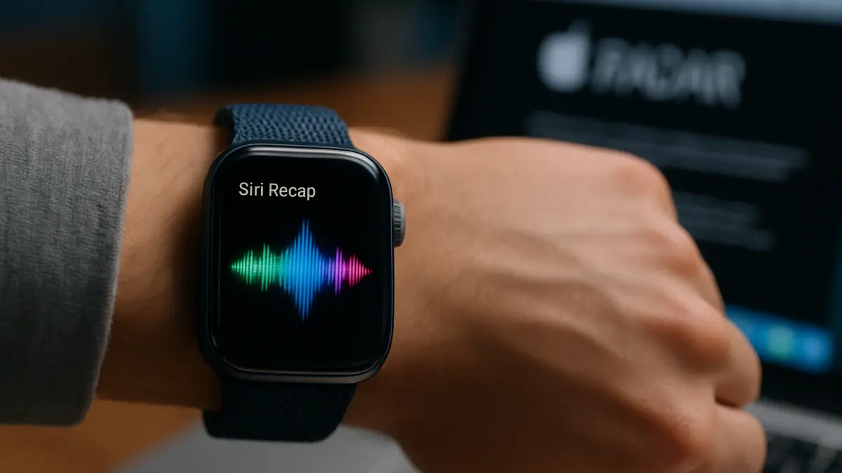 Smartwatch on wrist displaying a colorful Siri voice wave graphic with the text "Siri Recap" on the screen
