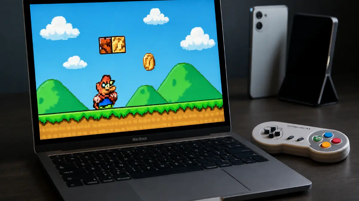 MacBook displaying a pixelated side-scrolling platform game with a character, coin, and blocks, next to a retro-style game controller