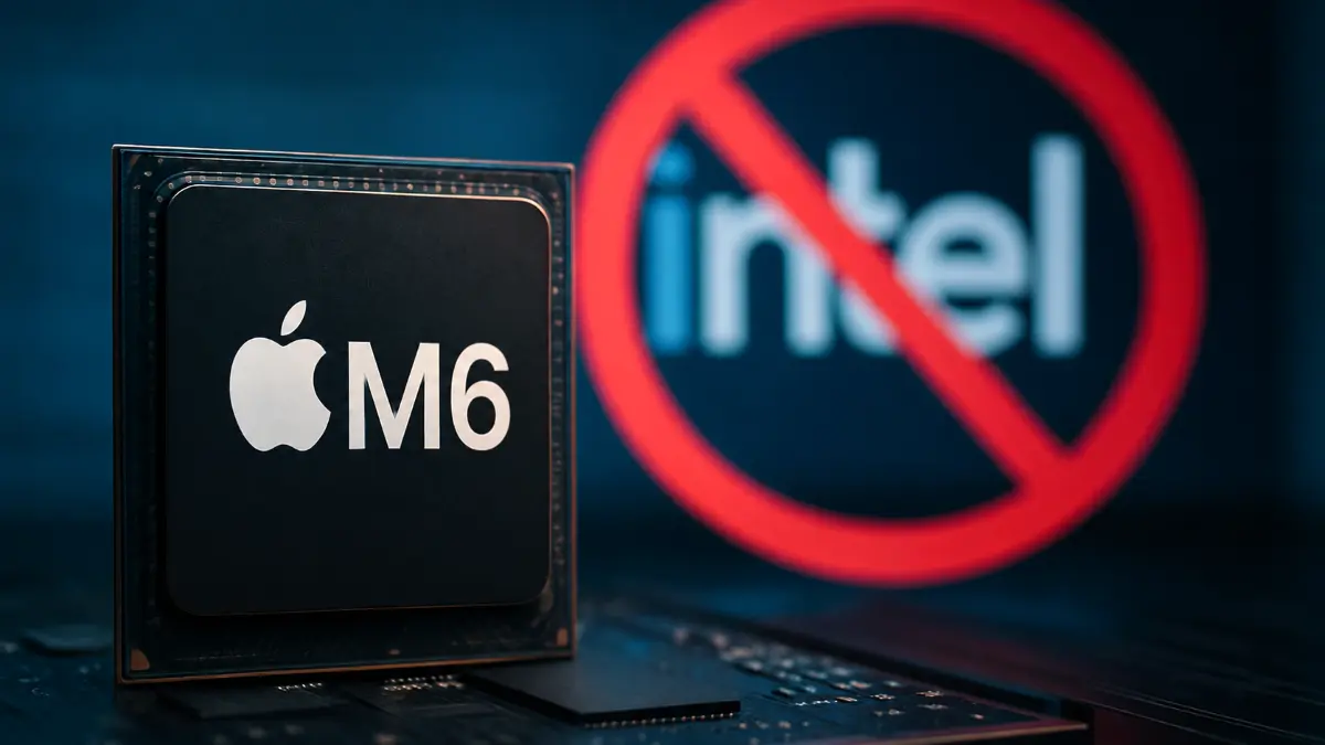 Close-up of a black Apple M6 chip with a blurred "Intel" logo crossed out in red in the background