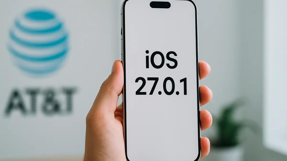Hand holding a smartphone displaying "iOS 27.0.1" on screen with a blurred AT&T logo in the background