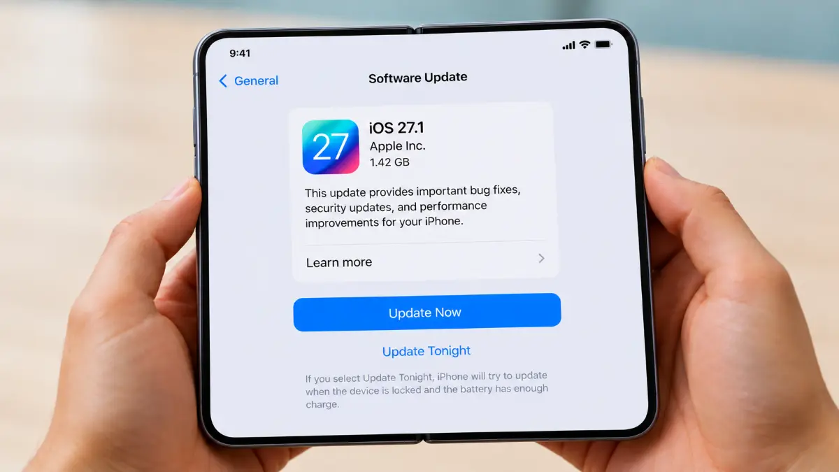 Hands holding an unfolded foldable smartphone displaying the iOS 27.1 software update screen with options to update now or tonight