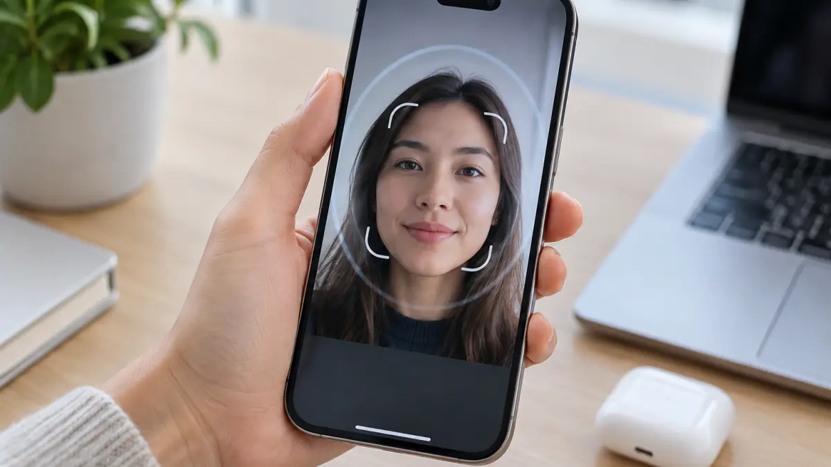 Hand holding smartphone displaying a woman's face with facial recognition framing on screen, beside a laptop and wireless earbuds case on a desk