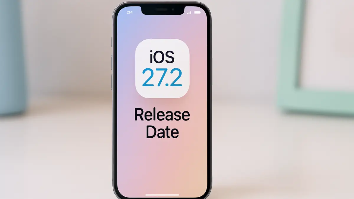 Smartphone displaying a screen with "iOS 27.2 Release Date" text on a soft gradient background