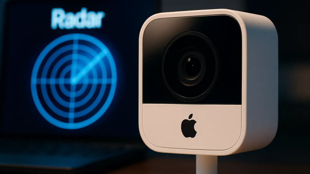 Compact white home security camera with black lens and Apple logo, set against a blurred radar display on a dark background