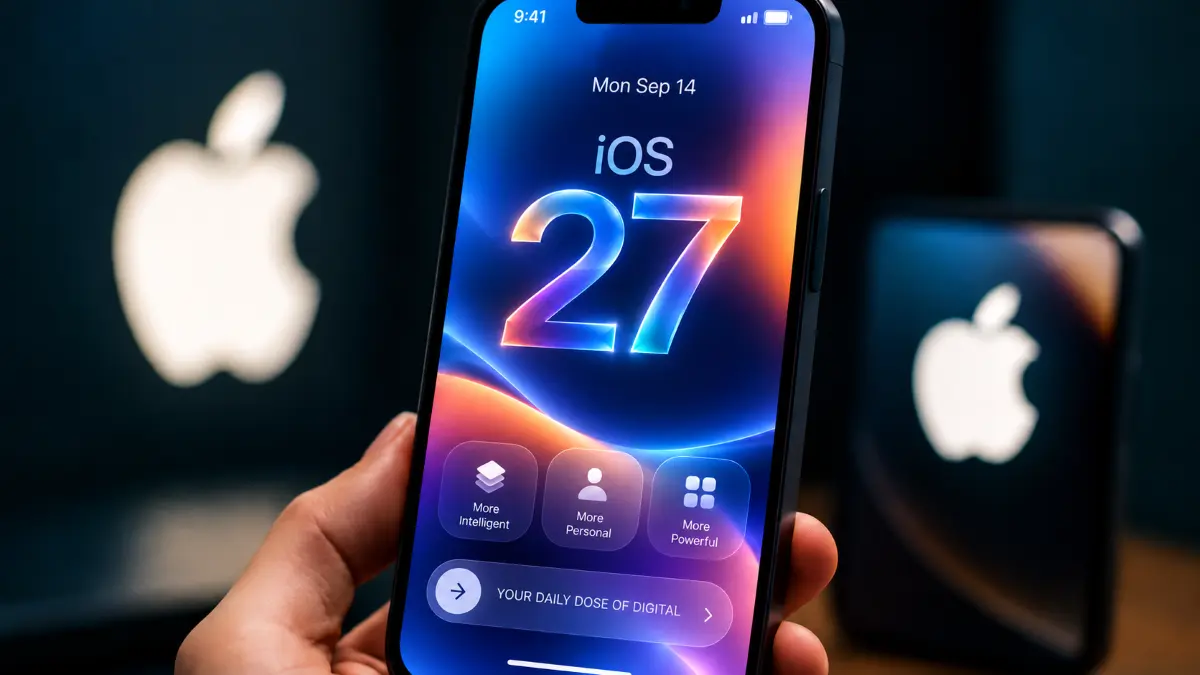 Hand holding a smartphone displaying a colorful screen with "iOS 27" and three icons labeled More Intelligent, More Personal, and More Powerful