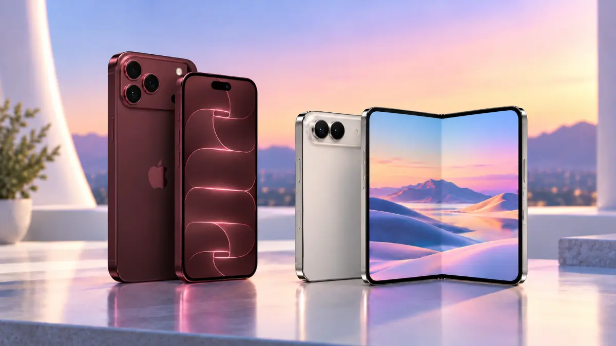 Two smartphones displayed on a reflective surface, one with a traditional design and the other featuring a foldable screen showing a desert landscape