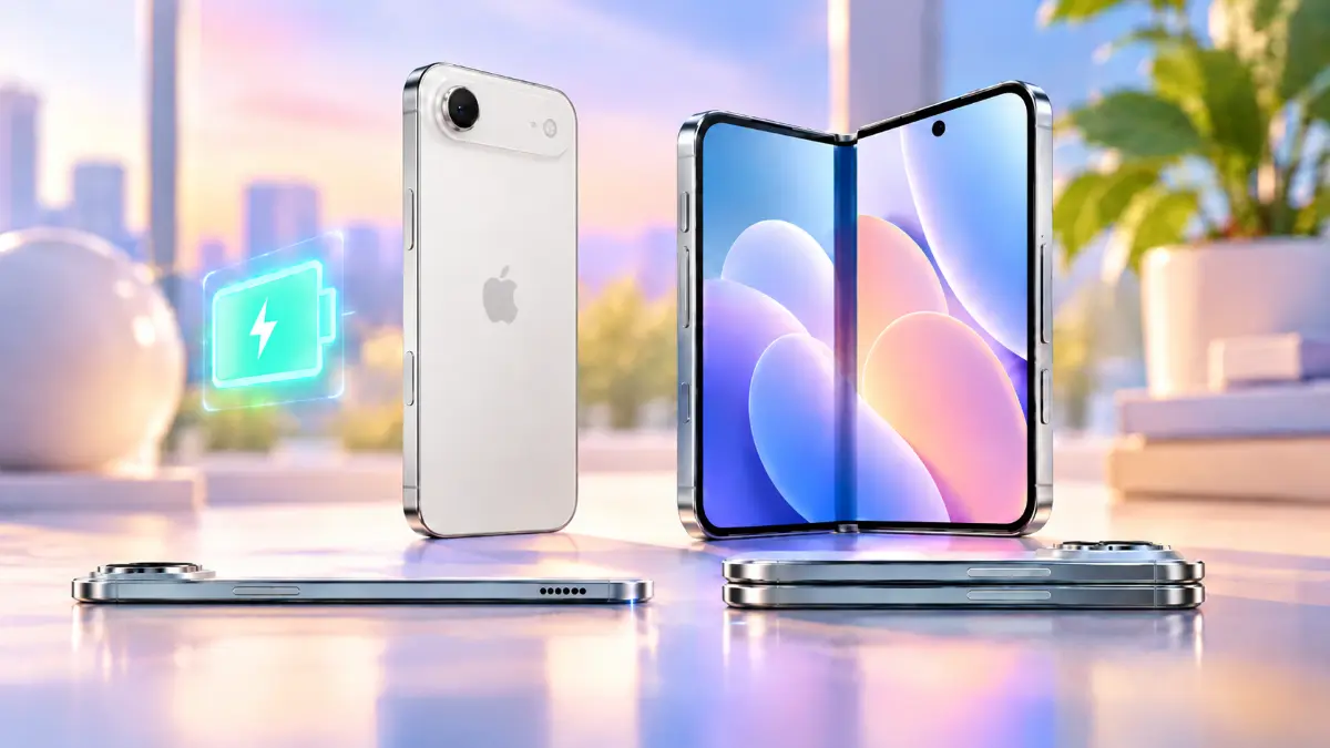 Two smartphones side by side on a reflective surface, one folded and one unfolded, with a glowing battery icon in the background