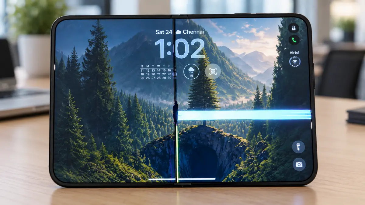 Foldable smartphone with a visible vertical crack and a horizontal blue glitch across the middle of the screen