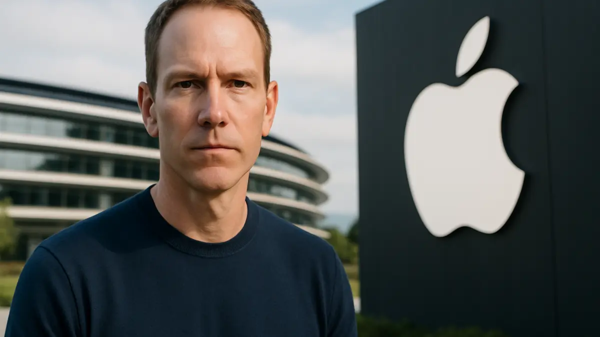 Man in a navy sweater standing outdoors near a large Apple logo with a modern curved building in the background