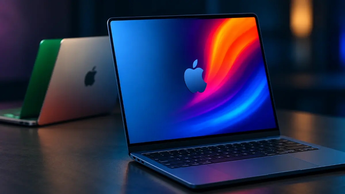 Two Apple MacBook laptops on a dark surface, one open with colorful Apple logo on screen, the other closed in silver and green colors