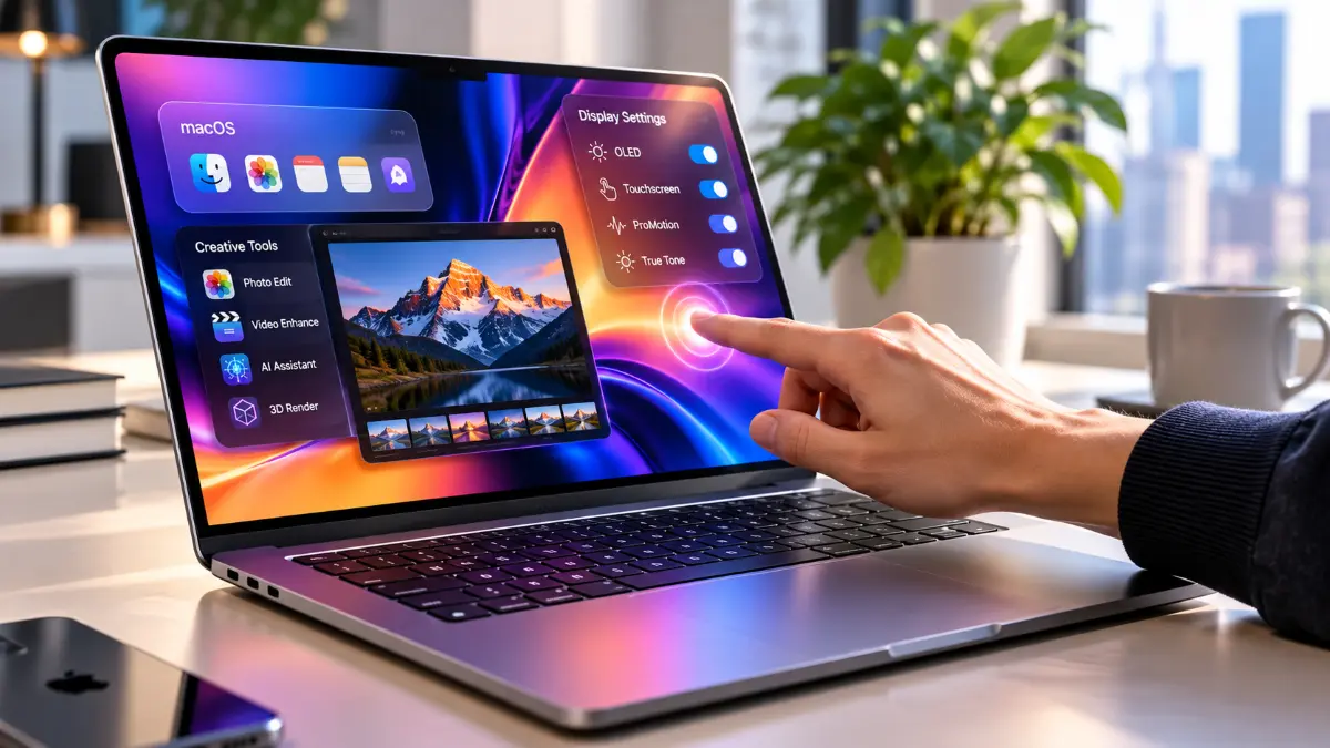 Hand interacting with touchscreen on open laptop displaying macOS interface and creative tools in a bright, modern workspace