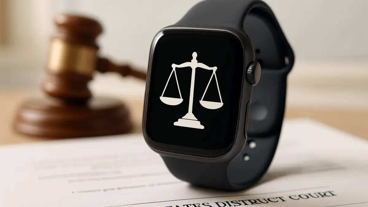 Smartwatch displaying legal scales icon, placed on court documents with a judge’s gavel blurred in the background