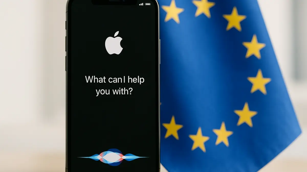 Smartphone screen shows Apple logo and Siri interface with text "What can I help you with?" next to a blurred European Union flag
