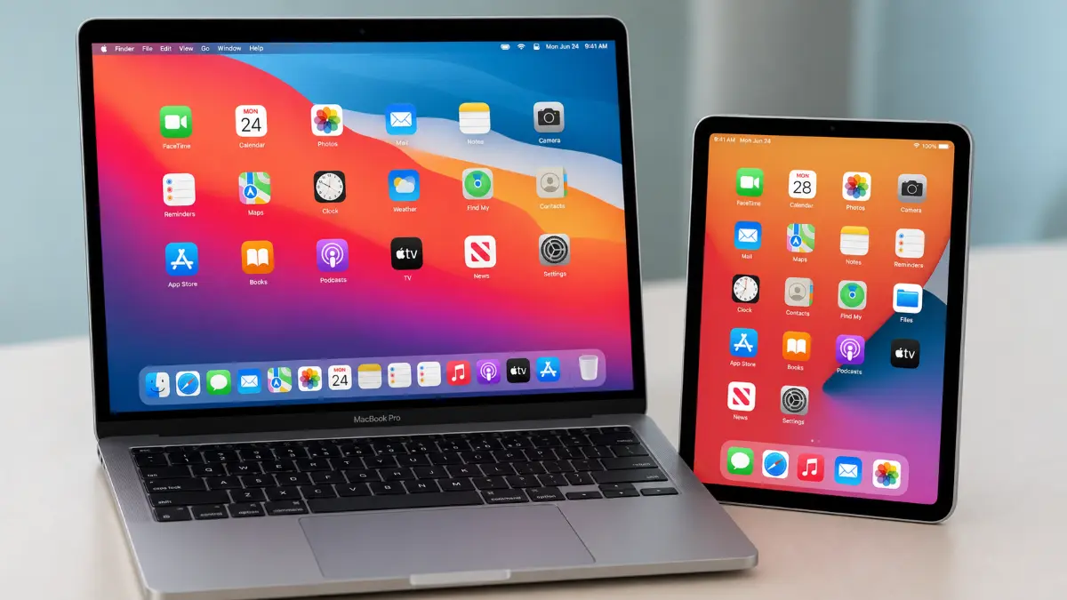 Open MacBook Pro and iPad side by side displaying colorful app icons on their screens against a neutral background