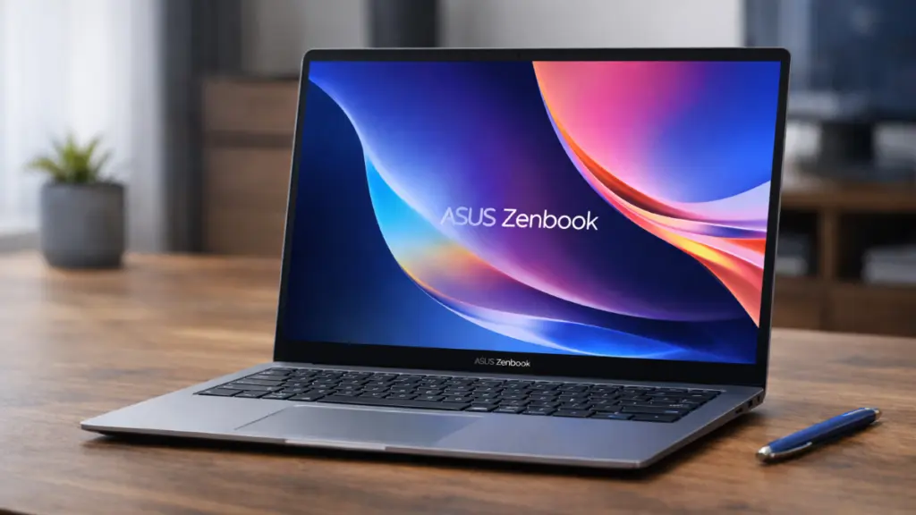 Asus Zenbook A14 ultralight laptop on wooden desk with colorful display wallpaper in a minimalist workspace environment