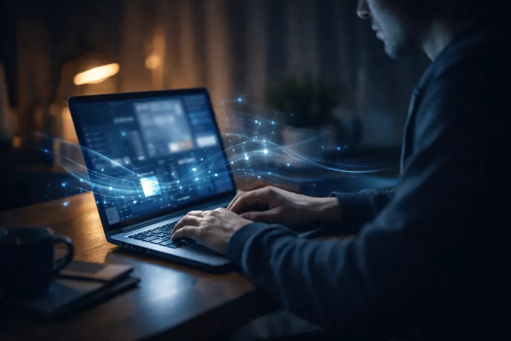 Person working on laptop at night with abstract digital data waves representing on-device AI processing and privacy considerations