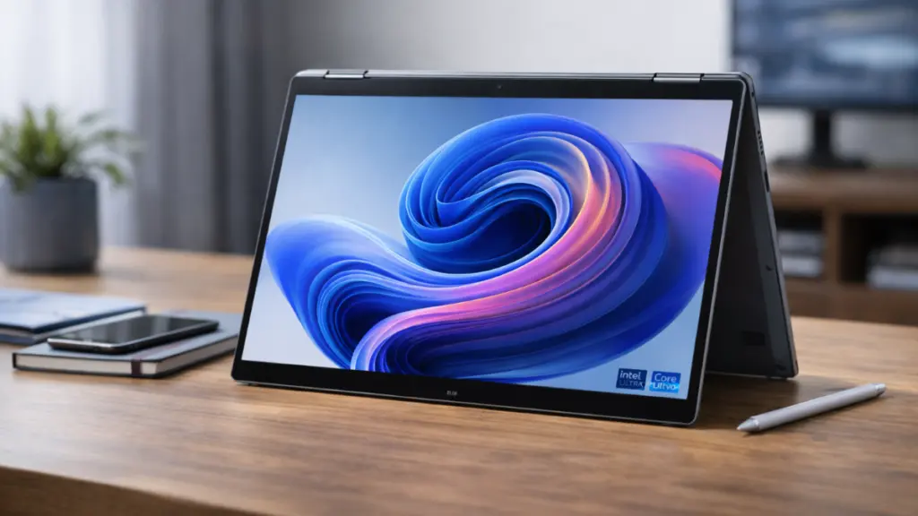 HP OmniBook Ultra Flip 14 convertible laptop in tablet mode on desk showing Intel Core Ultra powered Windows interface