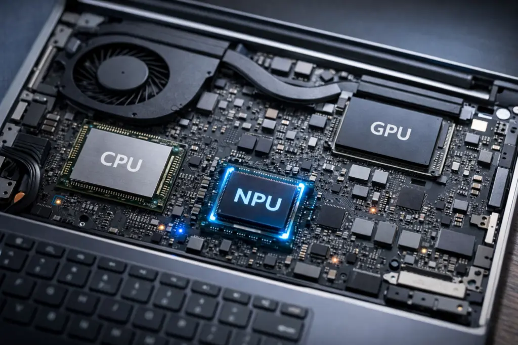 Close-up view of an open AI laptop showing its internal CPU, GPU and neural processing unit with subtle blue lighting