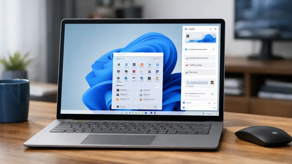 Microsoft Surface Laptop 7 on wooden desk displaying Windows Copilot interface and desktop workspace in a modern office setting