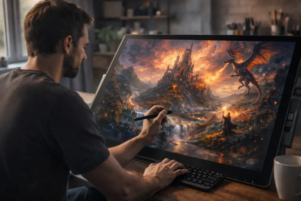 Artist using a large drawing display to create fantasy artwork with AI-assisted digital painting tools in a creative studio setting