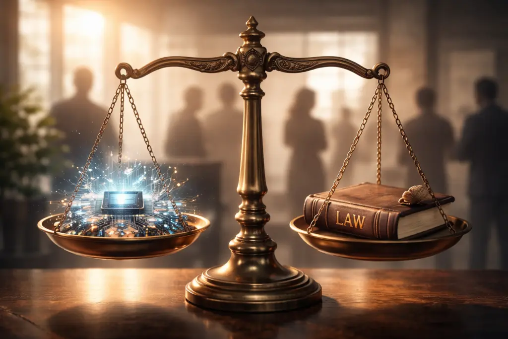 Balance scale weighing glowing AI microchip technology against a law book, representing the balance between artificial intelligence innovation and regulation