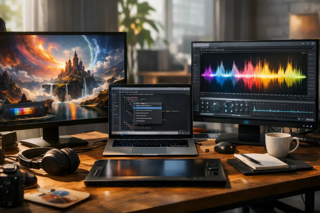 Creative studio desk with multiple screens showing AI-generated fantasy artwork, coding environment and colorful audio waveform editing tools