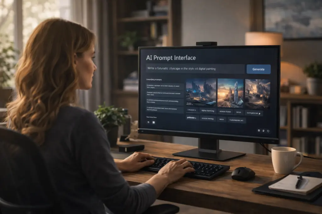Woman using desktop computer displaying an AI prompt interface for generating digital artwork in a modern home office workspace