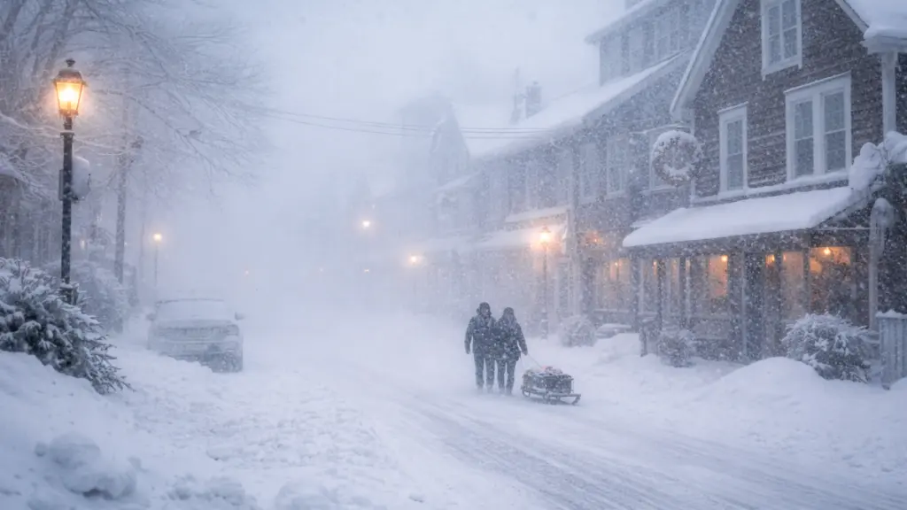 Severe blizzard hitting a small residential town with near zero visibility, heavy snowfall and snow-covered streets during winter storm conditions