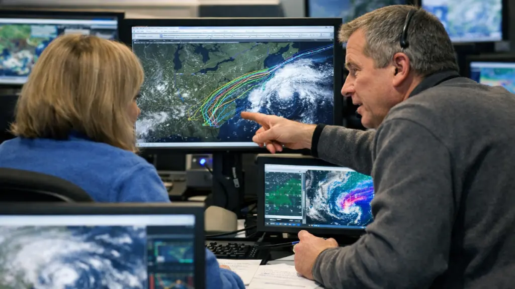 Weather forecasters reviewing ensemble storm track projections on computer screens inside a modern forecasting operations center