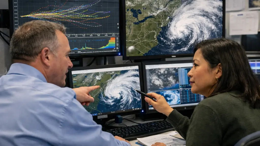 Meteorologists analyzing advanced weather prediction models on multiple monitors showing storm tracking and atmospheric data visualizations