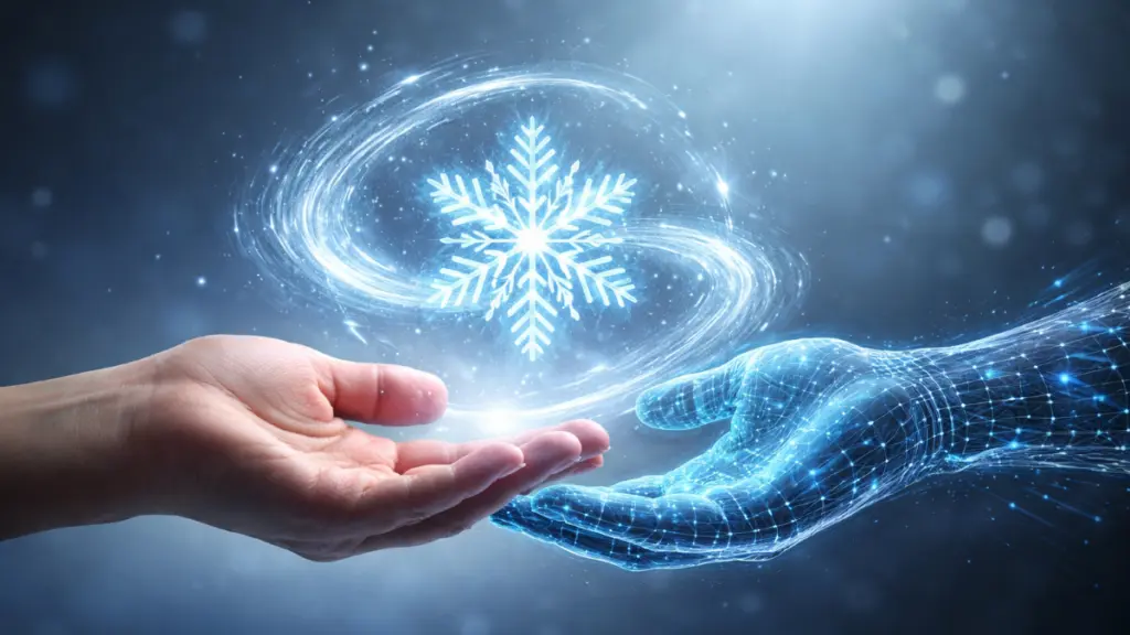 Conceptual illustration of human and digital hands holding a glowing snowflake symbolizing ethical collaboration in AI-driven weather forecasting