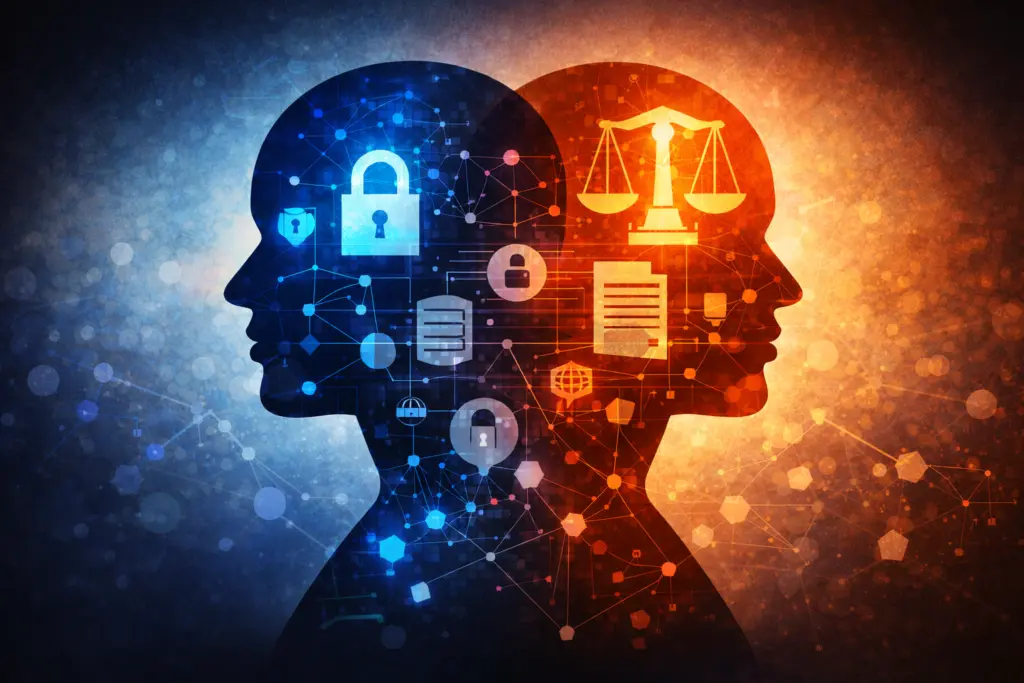 Two overlapping human silhouettes filled with network connections, padlock symbols and legal icons, representing privacy, data ownership and governance challenges in digital twin systems