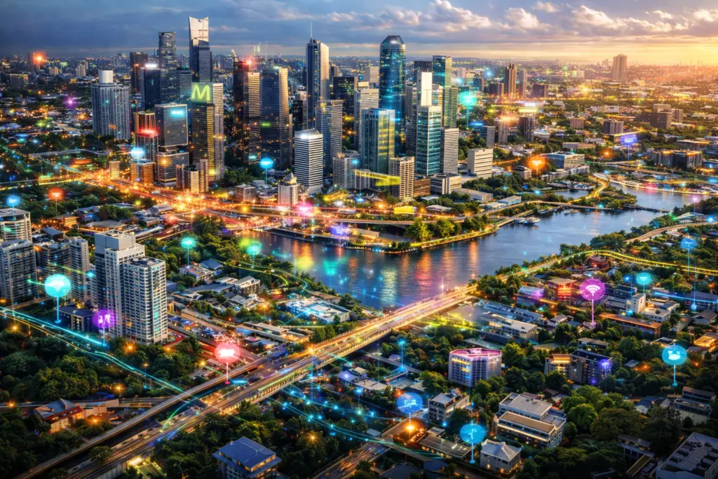 Aerial view of a modern city augmented with colorful data layers and connectivity icons, representing a digital twin used for real-time urban analytics and smart infrastructure planning