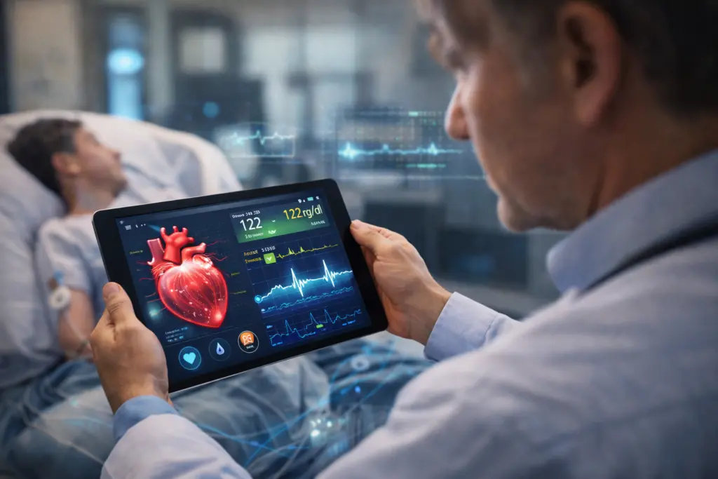 Doctor analyzing a patient’s digital heart model and health metrics on a tablet in a hospital room, illustrating personalized medicine enabled by healthcare digital twin technology