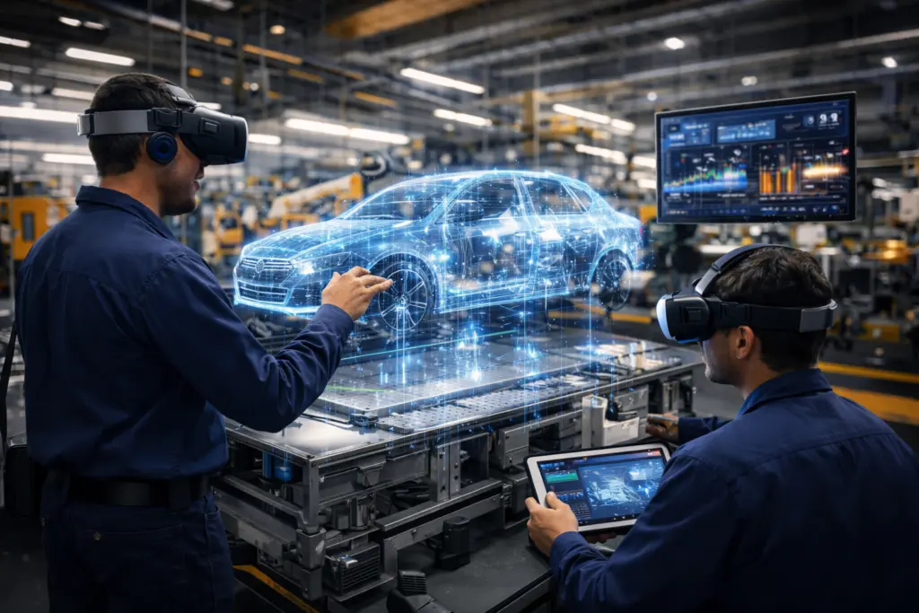Engineers using VR headsets to interact with a holographic digital twin of an automobile inside a modern factory, illustrating AI-driven virtual production and industrial simulation