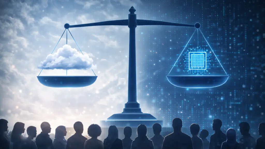 Abstract scale balancing a cloud and a microchip above silhouettes of diverse people symbolizing fairness, bias and societal impact in AI weather forecasting