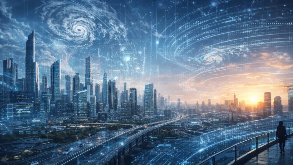 Futuristic smart city skyline with transparent overlays of storm systems and flowing digital data streams illustrating AI-integrated weather forecasting infrastructure