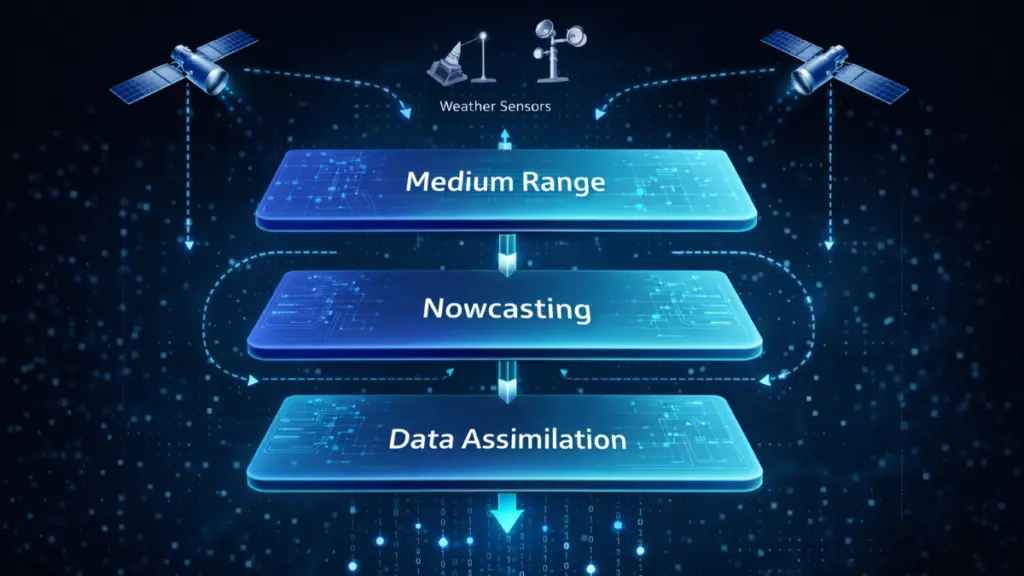 Diagram illustrating AI weather model layers labeled Medium Range, Nowcasting and Data Assimilation receiving data from satellites and atmospheric sensors