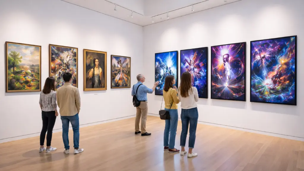 Visitors in a modern art gallery compare traditional paintings with vibrant AI-generated digital artworks displayed on large screens